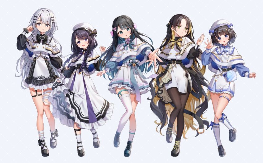 5girls :d :o asymmetrical_legwear beret black_bow black_footwear black_hair black_pantyhose black_shirt blonde_hair blue_bow blue_footwear blue_shirt bow braid capelet chyoling commentary_request dress frilled_dress frilled_skirt frilled_socks frills fur-trimmed_capelet fur_trim green_eyes grey_background grey_eyes grey_hair hair_bow hair_ornament hairclip hat inosaki_rino_(milkiss) kotomori_noko loafers long_hair long_sleeves love_live! love_live!_school_idol_project low_twintails miduki_hitome milky_suicide multicolored_hair multiple_girls official_art open_mouth oto_kotsuru pantyhose parted_bangs parted_lips pink_bow pleated_skirt puffy_long_sleeves puffy_sleeves purple_eyes shirt shoes simple_background single_sock single_thighhigh skirt smile socks standing standing_on_one_leg streaked_hair thighhighs twin_braids twintails two-tone_hair utaite utashiro_kira very_long_hair white_capelet white_dress white_headwear white_skirt white_socks white_thighhighs x_hair_ornament yellow_eyes