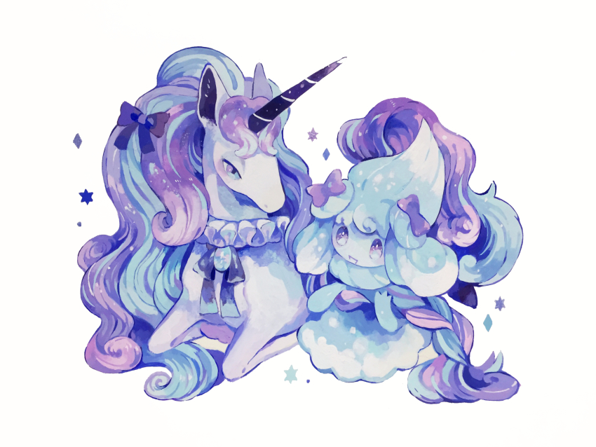 absurdres acrylic_paint_(medium) alcremie alcremie_(mint_cream) alcremie_(ribbon_sweet) black_bow black_ribbon blue_eyes blue_hair bow braid brooch clothed_pokemon diamond_(shape) eye_contact full_body galarian_form galarian_rapidash gem gen_8_pokemon hair_bow hair_scarf half-closed_eyes happy highres horse jewelry long_hair looking_at_another multicolored_eyes multicolored_hair neck_ribbon nintendo no_humans open_mouth painting_(medium) pink_bow pokemon pokemon_(creature) purple_eyes purple_hair ribbon simple_background smile star_(symbol) susutouka traditional_media two-tone_hair unicorn very_long_hair white_background
