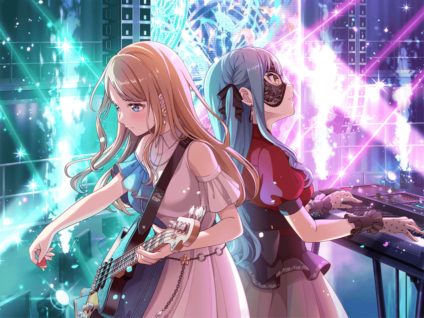 2girls bang_dream! bang_dream!_it&#039;s_mygo!!!!! black_corset black_mask black_ribbon blue_eyes blue_hair blush brown_hair closed_mouth clothing_cutout corset dithering dress earrings bass_guitar fireworks gloves grey_gloves grey_skirt hair_ribbon holding holding_plectrum holding_weapon instrument jewelry keyboard_(instrument) long_hair mask masquerade_mask multiple_girls music nagasaki_soyo oblivionis_(bang_dream!) official_art open_mouth playing_bass_guitar playing_instrument plectrum red_shirt ribbon shirt short_sleeves shoulder_cutout sidelocks skirt third-party_source togawa_sakiko weapon white_dress yellow_eyes