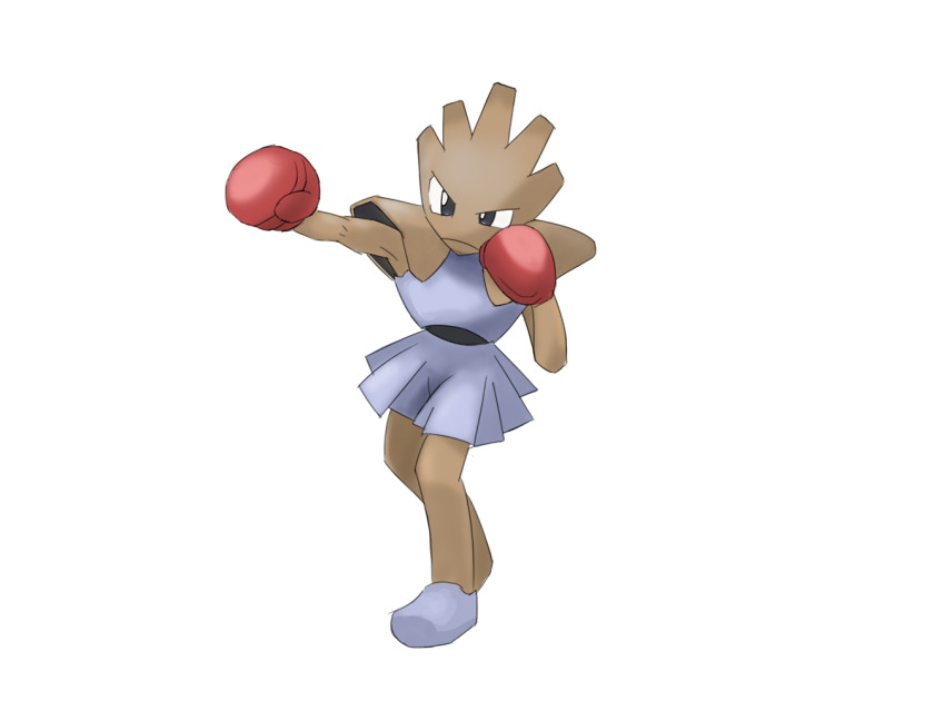1boy black_eyes boxing_gloves clenched_hands closed_mouth commentary_request frown full_body gen_1_pokemon grey_shirt grey_skirt hitmonchan male_focus nintendo pokemon pokemon_(creature) pokemon_focus punching shirt simple_background skirt solo standing suzuki_(pixiv_9092094) white_background