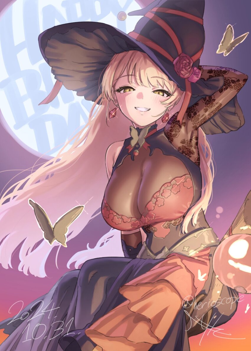 black_dress black_gloves blonde_hair breasts bug butterfly butterfly_ornament cleavage commentary dated dress earrings feet_out_of_frame gloves grin half-closed_eyes happy_birthday hat herio highres insect invisible_chair jack-o&#039;-lantern jewelry lace lace_sleeves large_breasts long_hair long_sleeves looking_at_viewer nijisanji nui_sociere nui_sociere_(8th_costume) see-through_cleavage see-through_clothes signature single_bare_shoulder sitting smile symbol-only_commentary twitter_username virtual_youtuber witch_hat yellow_eyes