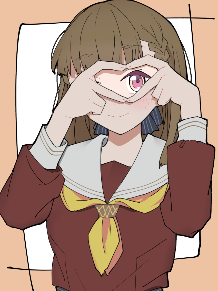 1girl black_ribbon blunt_bangs blush border braid brown_border brown_dress brown_hair center-flap_bangs closed_mouth commentary_request dress hair_ribbon hasu_no_sora_school_uniform heart heart_hands heart_hands_over_eye highres kachimachi_kosuzu link!_like!_love_live! liz_(piyoko_piyop) long_hair long_sleeves looking_at_viewer love_live! neckerchief outside_border pink_eyes ribbon sailor_collar sailor_dress school_uniform side_braids solo split_mouth striped_ribbon virtual_youtuber white_background white_sailor_collar winter_uniform yellow_neckerchief
