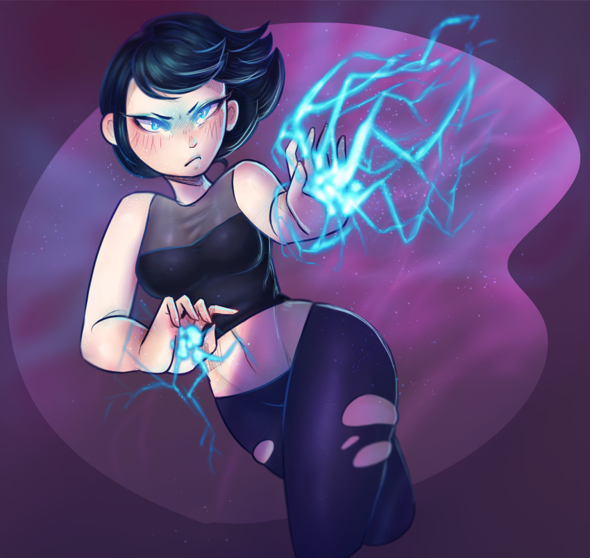 absurdres angry blue_eyes blue_hair blush breasts dark_blue_hair dearcottoncandy energy glowing glowing_eyes highres ice infamous infamous_2 legs lucy_kuo medium_breasts midriff navel pants shirt short_hair skindentation sleeveless sleeveless_shirt solo sony thighs tight_clothes tight_pants torn_clothes