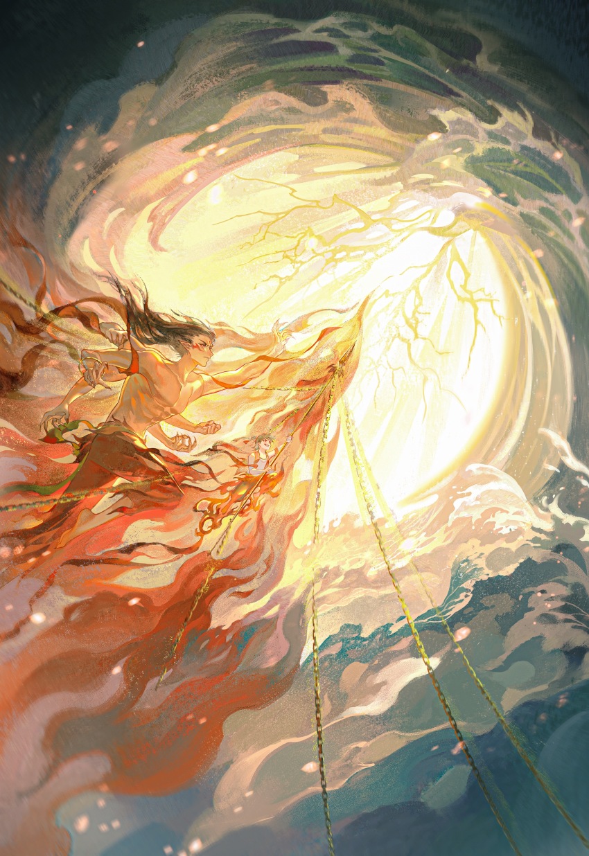 1boy absurdres aged_down black_hair brown_hair chain chinese_clothes closed_eyes cloud dress fire floating_hair highres long_hair long_sleeves male_focus moon nezha_(nezha_zhi_motong_jiangshi) nezha_zhi_motong_jiangshi red_dress sky solo yinzinmiemie