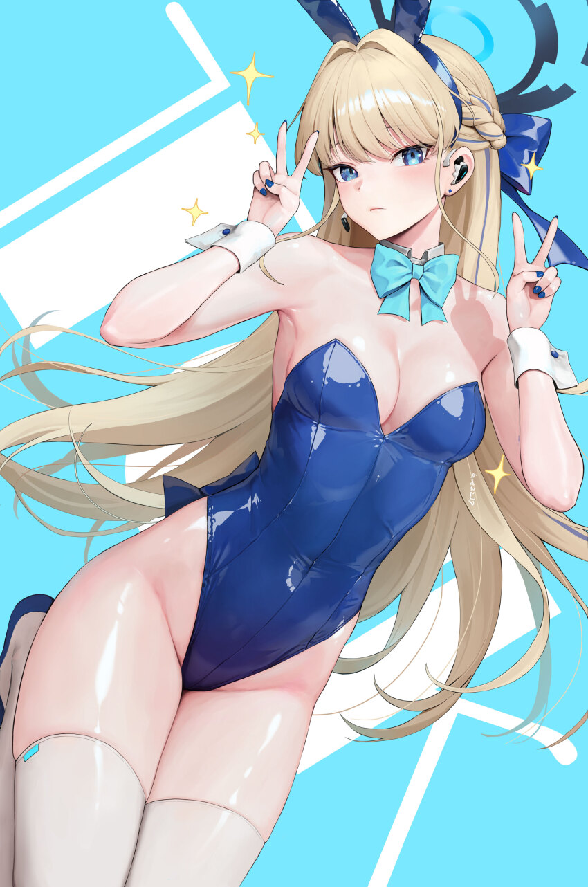 1girl absurdres animal_ears armpits bare_shoulders blonde_hair blue_archive blue_background blue_hairband blue_leotard blue_nails bow bowtie braid breasts cleavage closed_mouth commentary covered_navel detached_collar double_v earpiece expressionless fake_animal_ears hair_bow hairband halo hands_up highleg highleg_leotard highres leg_up leotard long_hair looking_at_viewer medium_breasts mole mole_under_eye multicolored_hair nail_polish official_alternate_costume playboy_bunny rabbit_ears shiny_leotard solo strapless strapless_leotard streaked_hair thighhighs thighs toki_(blue_archive) toki_(bunny)_(blue_archive) v very_long_hair white_thighhighs wrist_cuffs y.i._(lave2217)