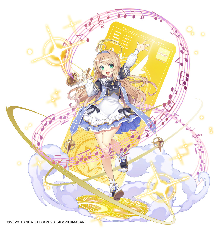 1girl :d ahoge apron arm_up asymmetrical_sidelocks azma_(mitch55) belt_boots black_bow black_bowtie black_ribbon black_shirt blonde_hair blue_boots blue_hairband blue_skirt boots bow bowtie buttoned_cuffs buttons card cloud collar company_name copyright_name copyright_notice cropped_shirt cross curly_hair diamond_(shape) footwear_bow frilled_apron frilled_skirt frilled_sleeves frills gold_trim green_eyes hairband halo hand_up hexagram highres holding holding_instrument instrument lace lace-trimmed_shirt lace_trim layered_clothes leg_up long_hair looking_at_viewer luriel_(twinkle_star_knights) magic_circle musical_note musical_staff official_art olifant_(instrument) open_mouth outstretched_arm outstretched_hand pinstripe_pattern pinstripe_shirt pinstripe_skirt ribbon shirt shoe_soles sidelocks skirt smile socks solo sparkle star_(symbol) stole striped swept_bangs teeth twinkle_star_knights upper_teeth_only white_apron white_background white_bow white_collar white_shirt white_socks white_wings wings