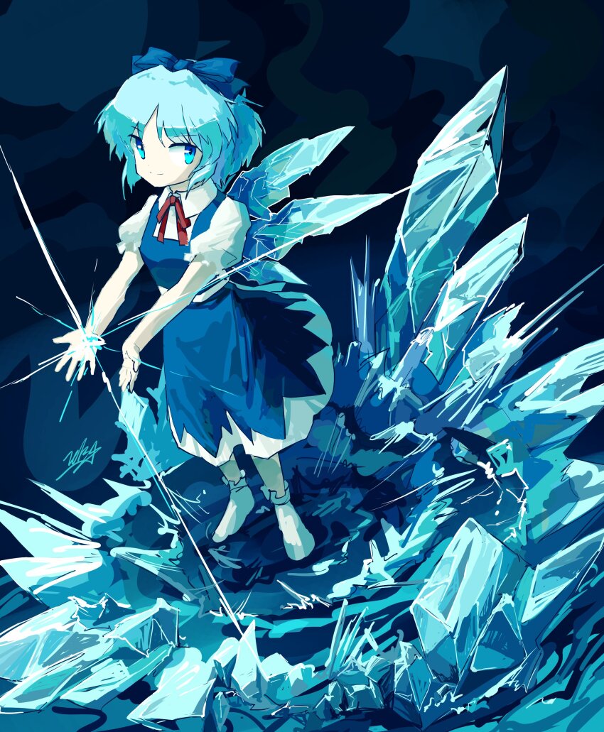 1girl absurdres blue_bow blue_dress blue_eyes blue_hair blue_headwear bow cirno doggo_1d34 dress fairy frozen hair_bow highres ice ice_wings solo touhou twitter_username white_footwear wings