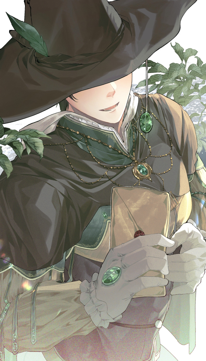 1boy :d absurdres black_cloak black_hair black_hat chinese_commentary cloak covered_eyes elden_ring frilled_gloves frills gem gloves green_gemstone grey_vest hand_jewel hat hat_feather hat_over_eyes highres holding holding_letter hood hood_down jewelry kharu11 leaf letter long_sleeves lower_teeth_only male_focus necklace open_mouth shirt short_hair smile solo sorcerer_rogier teeth upper_body vest wax_seal white_background white_gloves witch_hat yellow_shirt