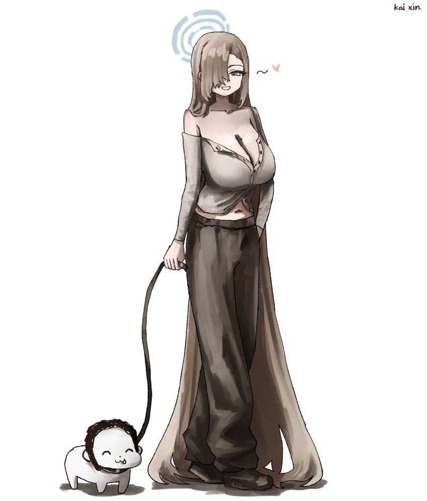 1boy 1girl absurdres animal_collar asuna_(blue_archive) baggy_pants blue_archive blue_eyes blue_halo breasts brown_hair brown_pants brown_shirt cleavage collar collarbone doodle_sensei_(blue_archive) hair_over_one_eye halo highres holding holding_leash huge_breasts kai_xin leash long_hair navel pants pet_play sensei_(blue_archive) shirt single_bare_shoulder smile very_long_hair