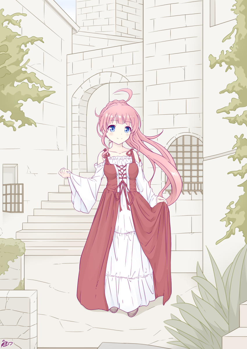 1girl ahoge blue_eyes breasts castle clothes_pull dress dress_pull full_body highres iris_mysteria! k_(nura-rikuo) leaf long_hair looking_at_viewer medium_breasts ponytail red_hair red_ribbon ribbon rugenia_hadik_de_palvin smile standing