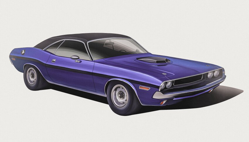 absurdres blue_car bokuya car commentary dodge_(company) dodge_challenger dodge_challenger_(1st_generation) highres motor_vehicle muscle_car no_humans original purple_car simple_background vehicle_focus white_background