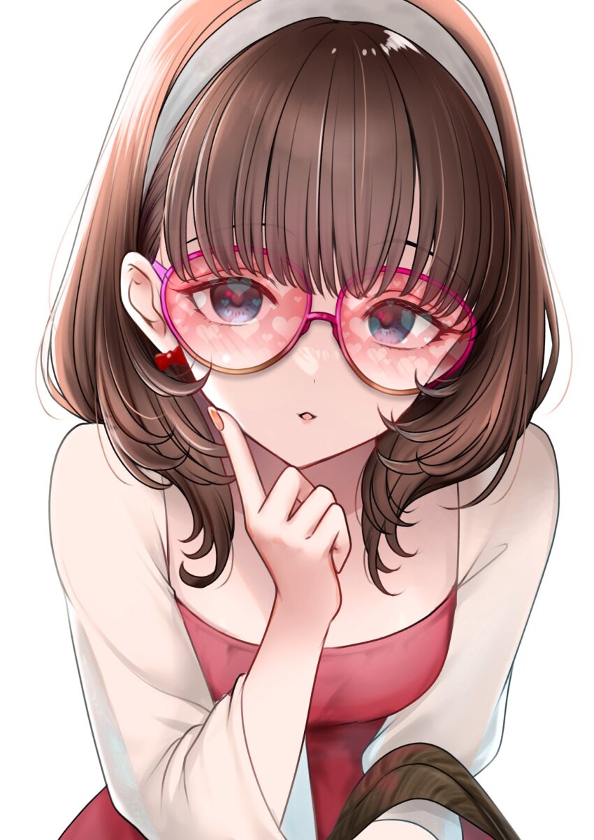 1girl :o brown_hair dress finger_to_cheek fingernails grey_hairband hairband highres idolmaster idolmaster_cinderella_girls jacket looking_at_viewer medium_hair red_dress sakuma_mayu saltylemontea see-through_clothes see-through_jacket see-through_sleeves simple_background sleeveless sleeveless_dress solo tinted_eyewear white_background white_jacket