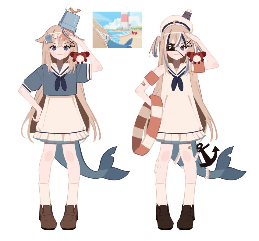 1girl absurdres ahoge bandaid bandaid_on_arm bandaid_on_leg black_shoes blue_eyes blue_hair blue_neckerchief blue_shirt brown_hair bucket_hat closed_mouth crab crab_on_shoulder cropped_shirt dress eyepatch fins fish_tail frilled_dress frills hair_flaps hair_ornament hand_on_own_hip hat highres indie_virtual_youtuber inflatable_armbands keumasou kneehighs loafers long_hair looking_at_viewer multicolored_hair neckerchief print_eyepatch sailor_collar sailor_hat salute sameko_saba shark_tail shirt shirt_over_dress shoes short_sleeves simple_background skull_print sleeveless sleeveless_dress smile socks streaked_hair tail two_side_up v-shaped_eyebrows very_long_hair virtual_youtuber white_background white_dress white_hat white_sailor_collar white_socks x_hair_ornament