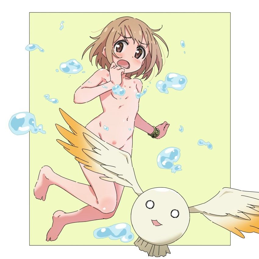 10s 1girl :3 barefoot beige_background blush border bracelet breasts brown_eyes brown_hair collarbone d: flat_chest full_body groin hanami_yuzuka highres jewelry karahai_(31448823) looking_at_viewer mahou_shoujo_nante_mou_ii_desukara. miton navel nude o_o open_mouth short_hair sketch water_drop