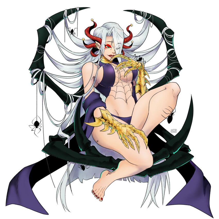 1girl archnemon arthropod_girl breasts digimon female_focus highres hlrart insect_girl long_hair nail_polish oridigi original solo spider_girl