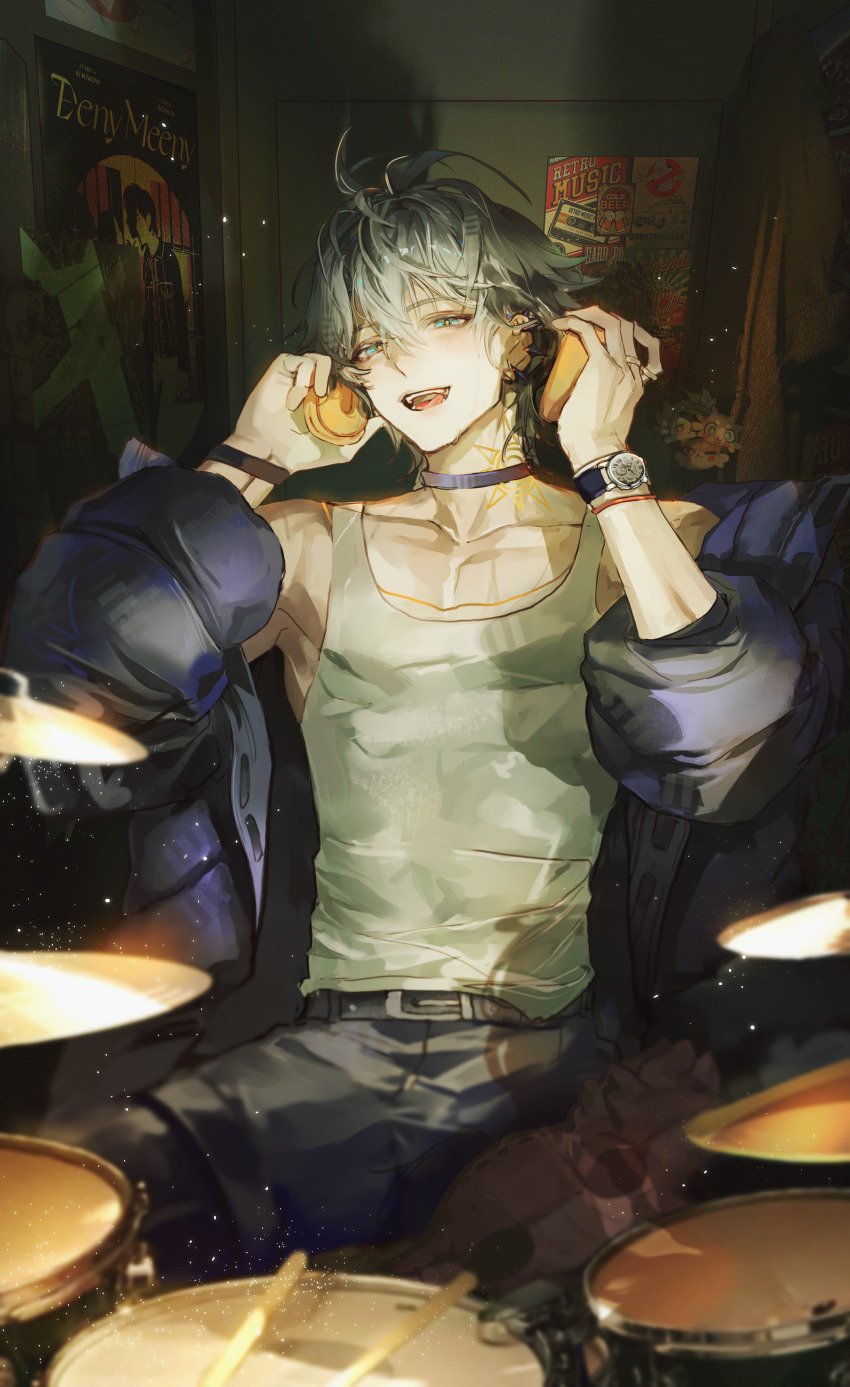 1boy absurdres alternate_costume belt black_belt black_choker blue_jacket choker collarbone commentary crossed_bangs grey_hair hair_between_eyes half-closed_eyes headphones highres honkai:_star_rail honkai_(series) indoors jacket kkuekkue_(chifer1958) looking_at_viewer male_focus neck_tattoo open_mouth parted_bangs phainon_(honkai:_star_rail) shirt short_hair sitting sleeveless sleeveless_shirt smile solo tattoo teeth upper_teeth_only white_shirt