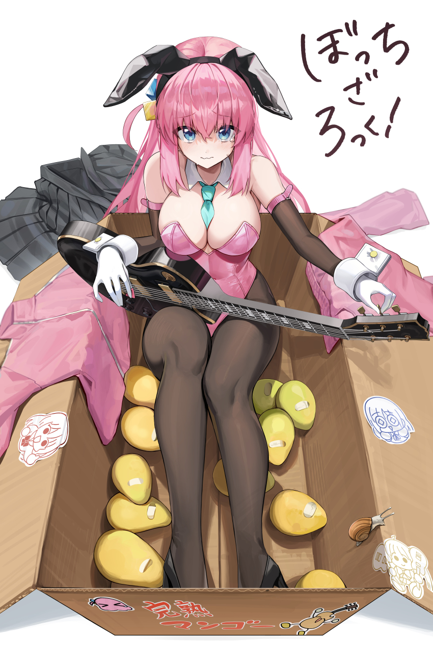 1girl absurdres animal_ears bare_shoulders black_footwear black_pantyhose blue_eyes bocchi_the_rock! box breasts character_sticker cleavage closed_mouth collar commentary cube_hair_ornament detached_collar detached_sleeves electric_guitar embarrassed fake_animal_ears food fruit gibson_les_paul gloves gotoh_hitori guitar hair_ornament highres holding holding_instrument hutosutoro ijichi_nijika in_box in_container instrument kita_ikuyo large_breasts leotard long_hair looking_at_viewer mango necktie one_side_up pantyhose pink_hair pink_leotard playboy_bunny raised_eyebrows short_necktie simple_background sitting snail solo strapless strapless_leotard sweat tears translated wavy_mouth white_background white_collar white_gloves white_wrist_cuffs wrist_cuffs yamada_ryo