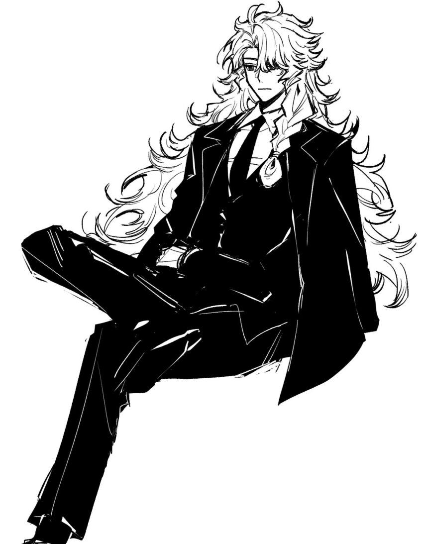 1boy braid collared_shirt curly_hair expressionless facing_to_the_side fate/grand_order fate_(series) figure_four_sitting formal_clothes greyscale hair_over_one_eye highres jacket jacket_on_shoulders long_hair monochrome myg_8028 necktie shirt simple_background single_braid sitting solo solomon_(fate) suit white_background