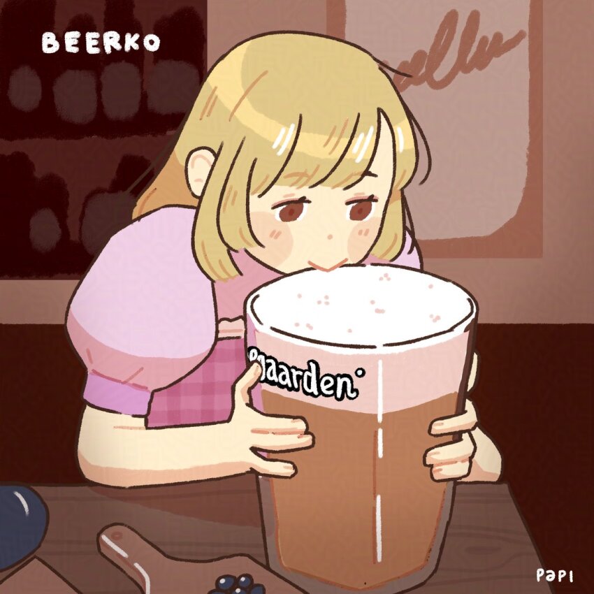 1girl alcohol artist_name beer beer_mug beerko blonde_hair brown_eyes commentary cup cutting_board english_commentary glass hoegaarden indoors long_hair mixed-language_commentary mug original papi_apricot photo-referenced pink_shirt poster_(object) puffy_short_sleeves puffy_sleeves shirt short_sleeves solo table touhou upper_body wooden_table zun