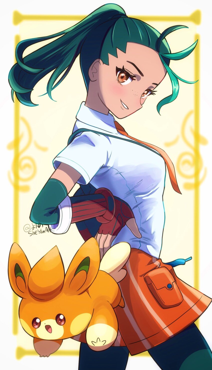 1girl bag black_gloves black_hair black_pantyhose breasts brown_eyes dark-skinned_female dark_skin elbow_gloves fingerless_gloves freckles gloves green_hair hair_pulled_back hands_on_own_hips highres long_hair looking_at_viewer medium_breasts multicolored_hair naranja_academy_school_uniform necktie nemona_(pokemon) nintendo orange_necktie orange_shorts pantyhose parted_lips pawmi pokemon pokemon_(creature) pokemon_sv ponytail red_gloves revision school_uniform sheyona shorts shoulder_bag single_elbow_glove smile streaked_hair twitter_username