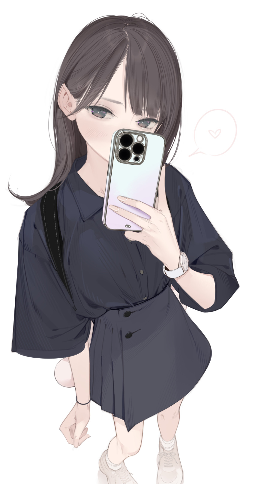 1girl absurdres ama_mitsuki black_dress blush bracelet brown_eyes brown_hair cellphone dress from_above highres holding holding_phone jewelry long_hair original phone shoes smartphone sneakers solo standing watch wristwatch