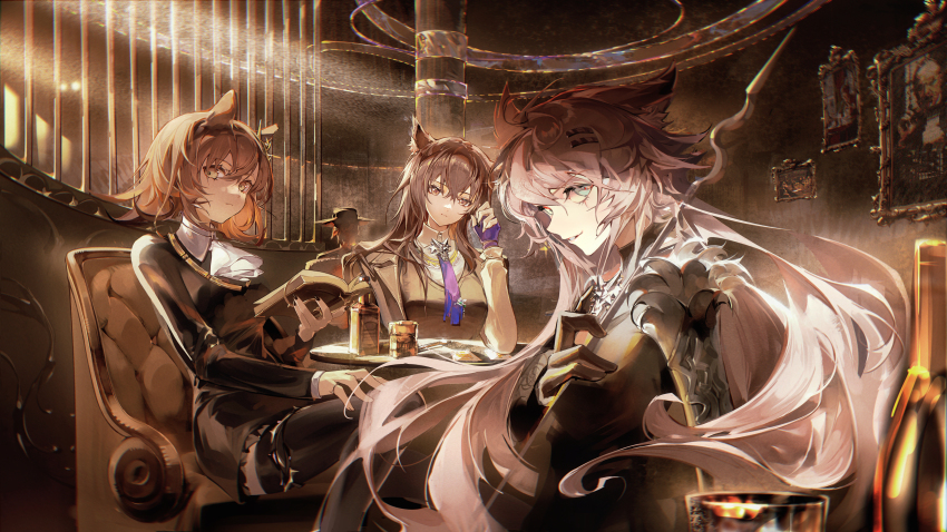 3girls absurdres animal_ears arknights ascot black_dress black_gloves black_hair black_jacket black_vest blue_gloves blue_necktie book brown_hair closed_mouth commentary_request dress fingerless_gloves gloves grey_eyes grey_hair hair_between_eyes hair_ornament hairclip highres holding holding_book holding_wand indoors jacket lapels lappland_(arknights) lappland_the_decadenza_(arknights) long_hair long_sleeves looking_at_viewer multiple_girls necktie notched_lapels parted_lips penance_(arknights) portrait_(object) scar scar_across_eye scar_on_face shirt sitting smile surin_(65889544) texas_(arknights) texas_the_omertosa_(arknights) vest wand white_ascot white_shirt wolf_ears yellow_eyes