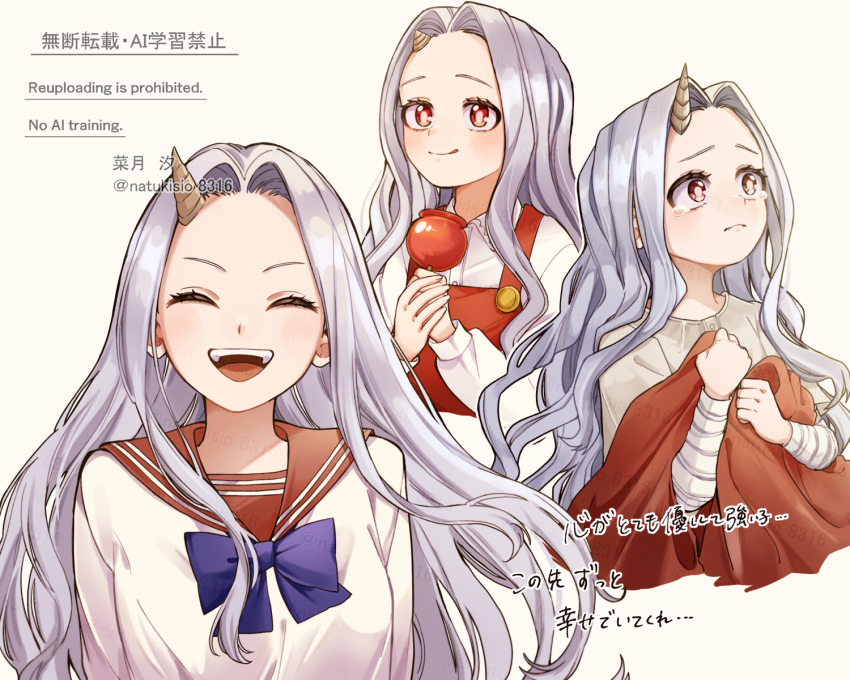 1girl bandaged_arm bandages blue_bow blue_bowtie boku_no_hero_academia bow bowtie breasts candy_apple closed_eyes closed_mouth collared_shirt cropped_torso eri_(boku_no_hero_academia) food grey_hair highres holding holding_candy_apple holding_food horns light_blush long_hair medium_breasts multiple_views natsuki_shio open_mouth overalls parted_bangs pink_eyes red_overalls red_sailor_collar sailor_collar school_uniform shirt single_horn smile tears upper_body wavy_hair white_background white_shirt