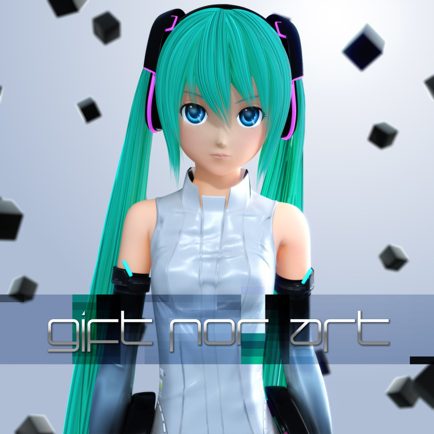 1girl 3d album_cover blue_eyes cover cube female_focus green_hair hatsune_miku hatsune_miku_(append) headphones highres long_hair looking_at_viewer neon_trim solo tripshots twintails vocaloid vocaloid_append