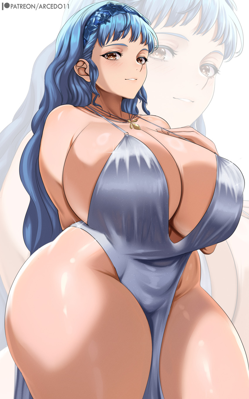1girl absurdres arcedo blue_hair blush breasts cleavage curvy dress female_focus fire_emblem fire_emblem:_three_houses fire_emblem_warriors:_three_hopes highres huge_breasts long_hair looking_at_viewer marianne_von_edmund nintendo solo thick_thighs thighs wide_hips