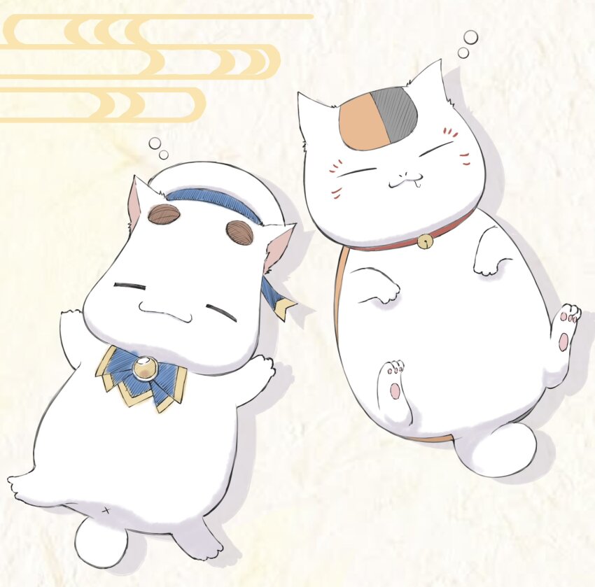andanden animal animal_collar animal_focus aria_(manga) aria_company_uniform aria_pokoteng beret blue_bow blue_bowtie blue_ribbon bow bowtie cat closed_eyes collar crossover gold_trim grey_background hat hat_ribbon highres lying natsume_yuujinchou no_humans nyanko-sensei on_back ribbon sleeping thick_eyebrows white_cat white_hat