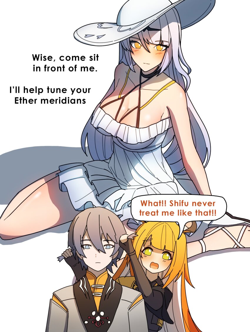 1boy 2girls absurdres animal_ears blonde_hair breasts cleavage commentary dorahdew dress english_commentary english_text grey_hair grey_vest hat highres ju_fufu large_breasts long_hair multiple_girls official_alternate_costume open_mouth short_hair simple_background sitting speech_bubble sun_hat sundress tiger_ears tiger_girl very_long_hair vest wariza white_background white_dress white_hair wise_(zenless_zone_zero) yellow_eyes yixuan_(zenless_zone_zero) zenless_zone_zero