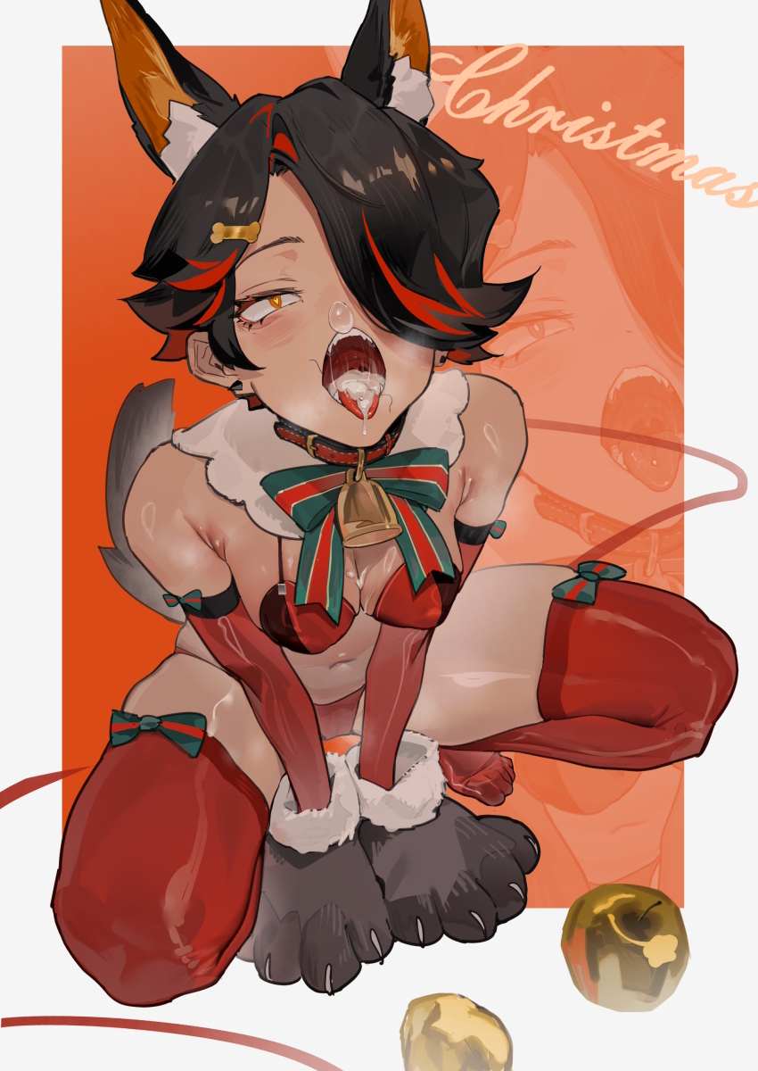 1girl absurdres animal_collar animal_ear_fluff animal_ears animal_hands apple arms_between_legs bell black_hair bone_hair_ornament border bow breasts bright_pupils christmas collar commentary_request cum cum_in_mouth cum_on_body cum_on_breasts cum_on_upper_body dark_skin detached_sleeves dog_girl dog_tail fake_animal_ears fake_tail food fruit full_body gloves golden_apple green_bow hair_ornament hairclip half-closed_eyes heavy_breathing highres looking_at_viewer medium_breasts multicolored_hair navel neck_bell nose_bubble orange_eyes original paw_gloves piercing qiu_shu red_background red_bow red_hair red_sleeves red_thighhighs revealing_clothes sanpaku short_hair skindentation squatting stray_pubic_hair streaked_hair striped_bow tail tan thighhighs thighs tongue tongue_out tongue_piercing two-tone_hair uvula variant_set white_border white_pupils