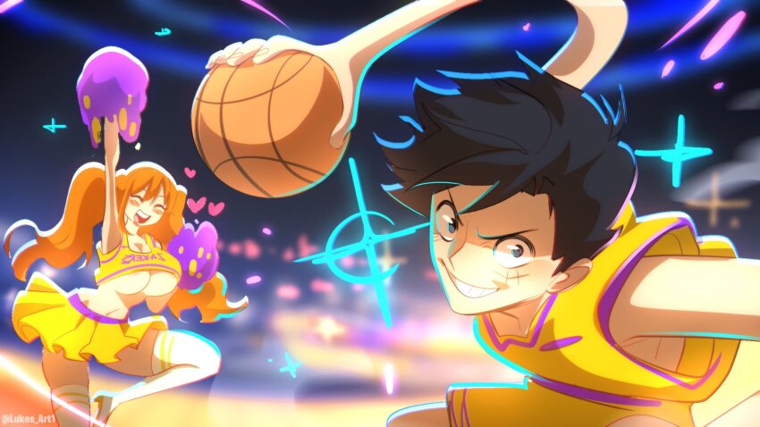 1boy 1girl arm_up ball bare_arms basketball basketball_(object) basketball_jersey basketball_uniform black_hair blurry blurry_background blush breasts cheerleader cleavage closed_eyes clothes_lift commentary crop_top devil_fruit_power elasticity english_commentary facial_scar foot_out_of_frame foot_up grin groin heart highres holding holding_ball large_breasts long_hair looking_at_viewer los_angeles_lakers luke_hanley midriff miniskirt monkey_d._luffy nami_(one_piece) national_basketball_association navel one_piece open_mouth orange_hair pleated_skirt pom_pom_(cheerleading) scar scar_on_cheek scar_on_face shirt_lift short_hair shorts skirt smile sparkle sportswear stadium extendable_limbs tank_top teeth thighhighs twintails twitter_username underboob upper_body upper_teeth_only v-shaped_eyebrows wavy_hair white_thighhighs yellow_shorts yellow_skirt yellow_tank_top zettai_ryouiki
