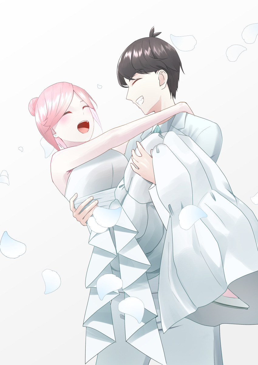 1boy 1girl absurdres bare_arms bare_shoulders black_hair blush bride carrying clenched_teeth couple dress earrings falling_petals formal_clothes go-toubun_no_hanayome groom hair_bun hetero highres jewelry jisuta long_dress nakano_ichika open_mouth pants petals pink_hair princess_carry profile short_hair sleeveless sleeveless_dress smile suit teeth uesugi_fuutarou wedding wedding_dress white_dress white_pants white_suit