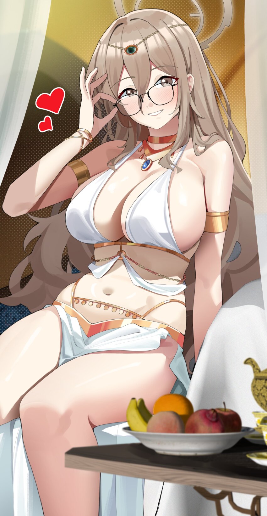 1girl absurdres adjusting_eyewear akane_(blue_archive) alternate_costume apple banana bare_shoulders black-framed_eyewear blue_archive blush breasts brown_eyes brown_hair brown_halo cleavage commentary food fruit glasses gold_trim haerge hair_between_eyes halo heart highres large_breasts long_hair looking_at_viewer navel o-ring orange_(fruit) parted_lips pelvic_curtain sitting smile solo stomach very_long_hair