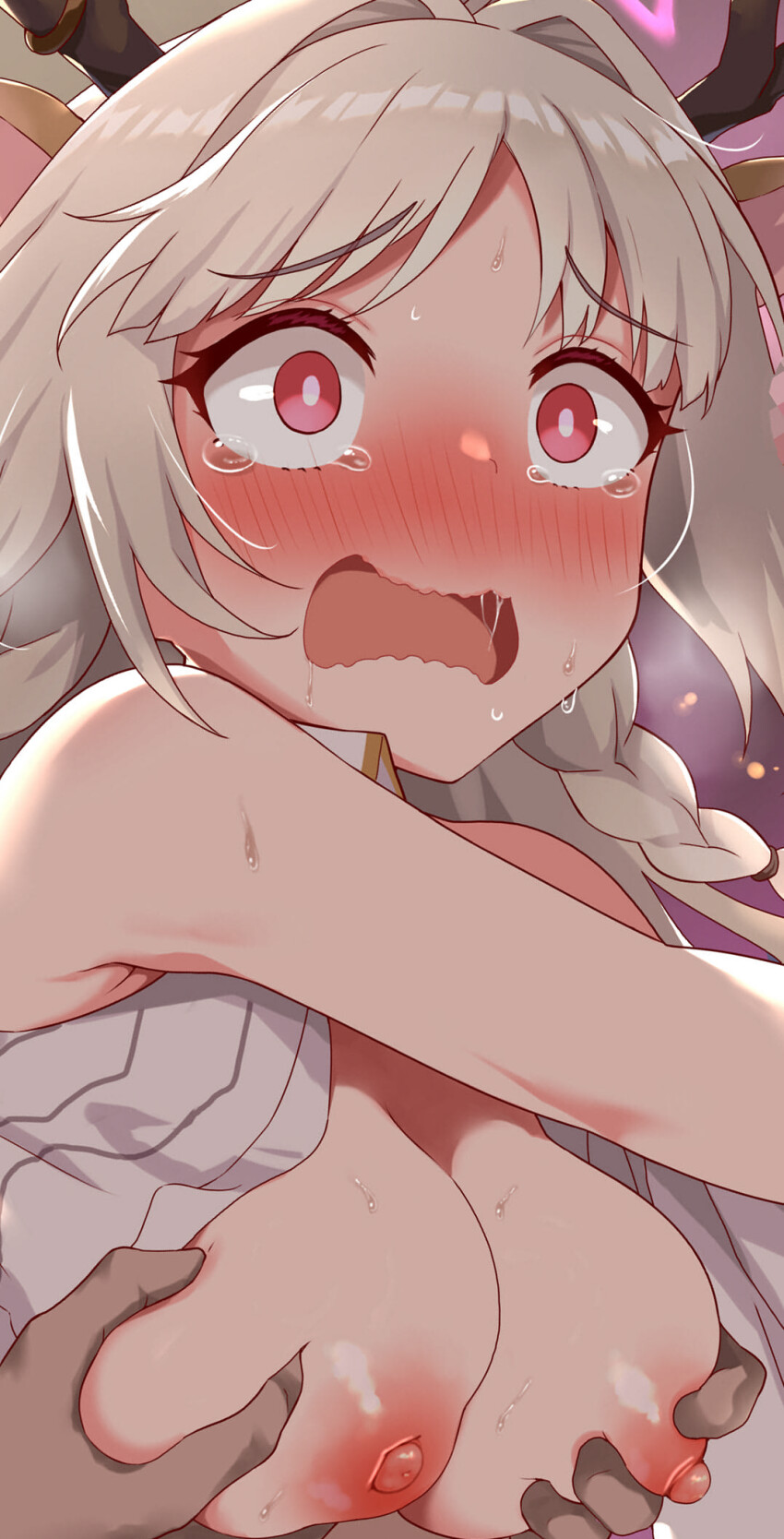 animal_ears antlers blush braid breasts commentary_request cropped deer_antlers deer_ears deer_girl grabbing_another&#039;s_breast grey_hair groping hair_intakes highres horns large_breasts louise_marie nipples no_bra nose_blush open_clothes open_mouth open_shirt paid_reward_available panicking princess_connect! red_eyes ryuki_(ryukisukune) shirt sleeveless sleeveless_shirt striped_clothes striped_shirt tearing_up vertical-striped_clothes vertical-striped_shirt wavy_mouth white_shirt