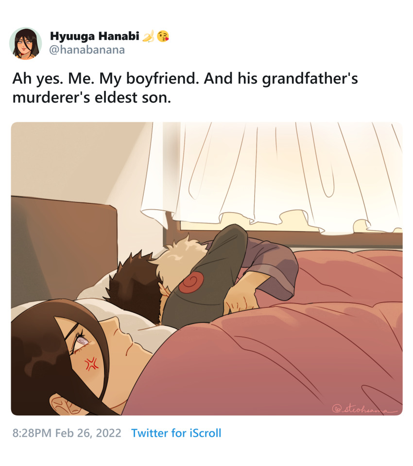 1girl 2boys 500_dollar_four_foot_tall_mareep_(meme) anger_vein annoyed bed black_hair blanket boruto:_naruto_next_generations brown_hair cheating_(relationship) closed_mouth commentary curtains english_commentary english_text frown hair_between_eyes highres hug hyuuga_hanabi log_(naruto) meme multiple_boys naruto_(series) pillow purple_eyes sarutobi_konohamaru steohsama twitter_username white_hair yaoi