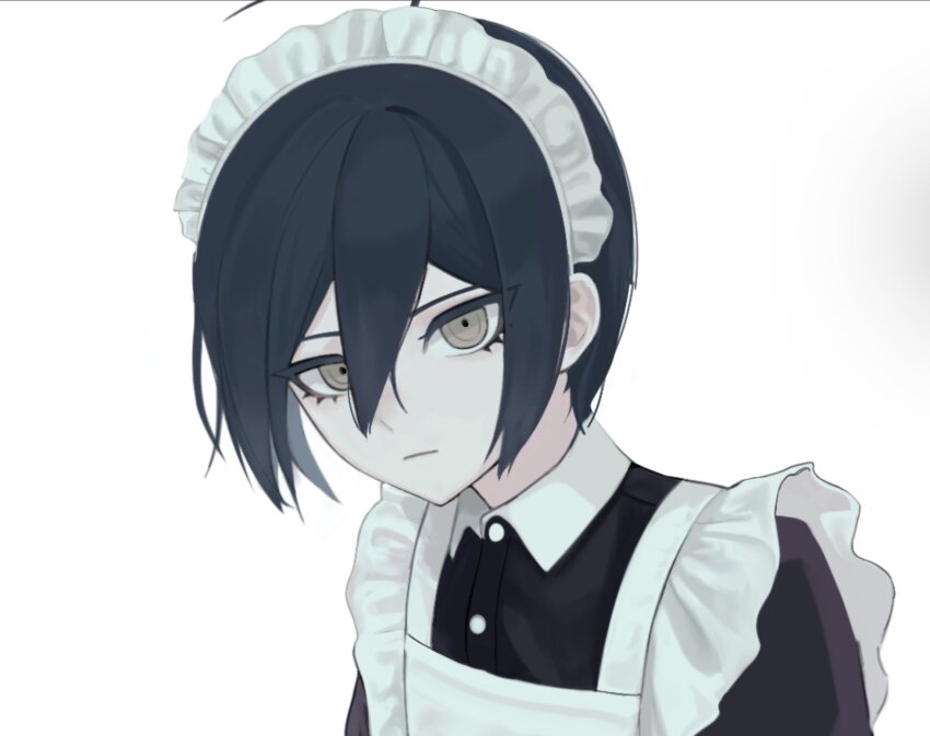 1boy ahoge alternate_costume apron black_dress black_hair brown_eyes closed_mouth collared_dress danganronpa_(series) danganronpa_v3:_killing_harmony dress enmaided frown hair_between_eyes highres maid maid_apron maid_headdress nuns197 pale_skin saihara_shuichi short_hair simple_background solo white_apron white_background