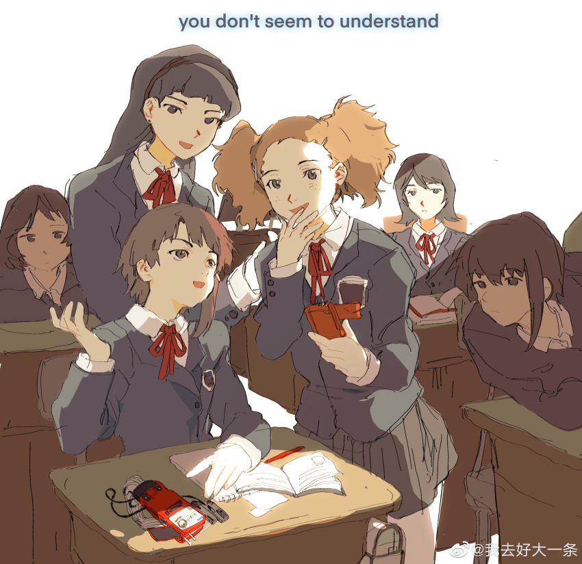 4girls absurdres asymmetrical_hair black_hair blonde_hair bloom brown_eyes closed_mouth cloudyooooo headband highres iwakura_lain katou_juri_(serial_experiments_lain) long_hair mizuki_alice multiple_girls open_mouth pen school_uniform serial_experiments_lain short_hair sunlight watermark weibo_watermark white_background yamamoto_reika