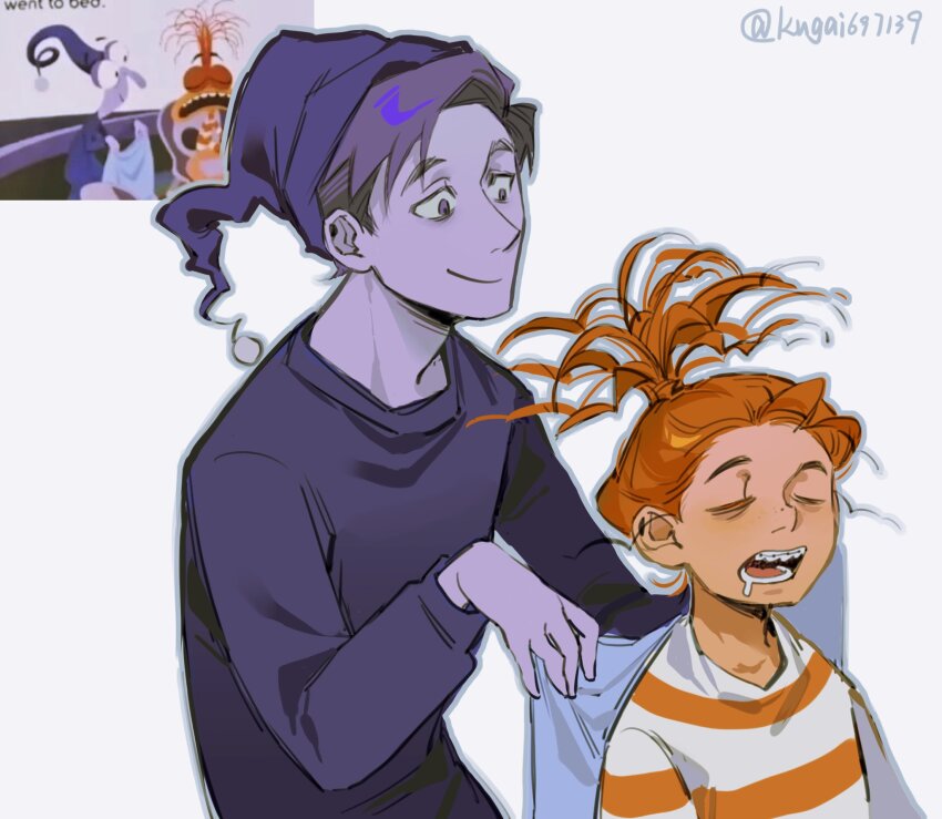 1boy 1girl anxiety_(inside_out_2) artist_name blanket closed_eyes closed_mouth colored_skin derivative_work drooling fear_(inside_out) freckles hand_up hat high_ponytail highres holding holding_blanket inside_out inside_out_2 kugai697139 long_hair long_sleeves looking_at_another messy_hair nightcap open_mouth orange_hair orange_skin ponytail puffy_long_sleeves puffy_sleeves purple_eyes purple_hair purple_hat purple_shirt purple_skin screenshot_redraw shirt short_hair simple_background sleeping smile striped_clothes striped_sweater sweater teeth upper_body white_background white_sweater