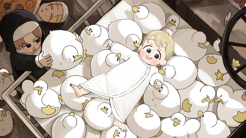 3girls aged_down baby barefoot bird blonde_hair blue_eyes brown_hair chicken closed_eyes clumsy_nun_(diva) commentary crib diva_(hyxpk) donut_print duck english_commentary food_print habit highres hungry_nun_(diva) little_nuns_(diva) lying mole mole_on_cheek multiple_girls nun slice_of_life strict_nun_(diva) sweat tongue tongue_out traditional_nun