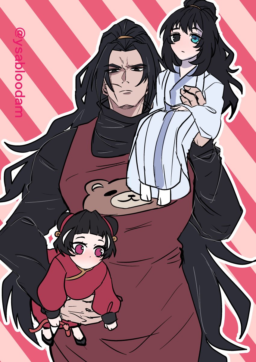 1girl 2boys absurdres aged_down apron black_hair blue_eyes blunt_bangs carrying carrying_over_shoulder carrying_under_arm china_dress chinese_clothes curtained_hair diagonal-striped_background dress hair_bun hair_ornament hair_tie hanfu heterochromia high_ponytail highres hong_lu_(project_moon) jia_qiu_(project_moon) jia_xichun_(project_moon) limbus_company long_hair long_sleeves multiple_boys muscular muscular_male ponytail project_moon red_apron red_eyes scar scar_on_face sitting_on_hand striped_background veins very_long_hair white_hanfu ysabloodam