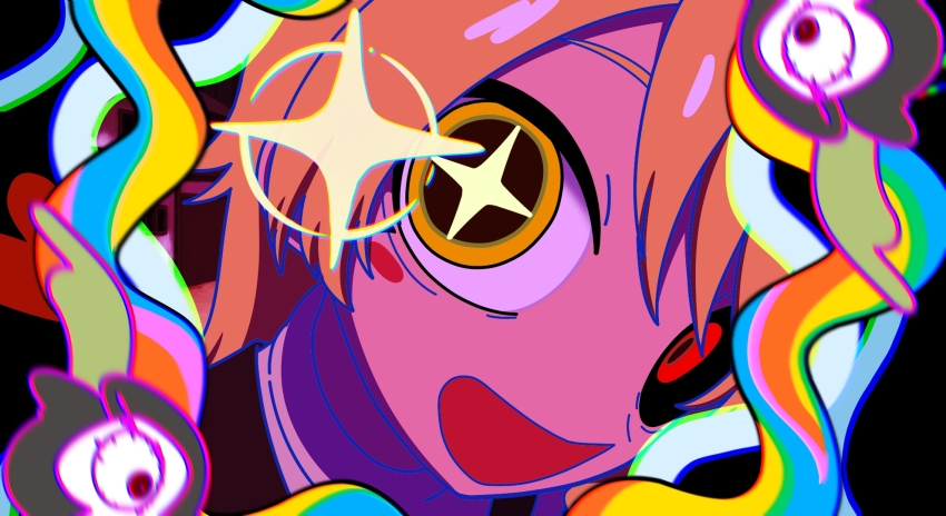 +_+ 1girl :d black_sclera blonde_hair blush_stickers close-up colored_sclera commentary_request cookie_(touhou) fisheye heterochromia highres kirisame_marisa long_hair looking_at_viewer mismatched_pupils mismatched_sclera monitoring_(vocaloid) open_mouth psychedelic red_eyes smile solo suzu_(cookie) touhou unusually_open_eyes yamaimosatoimo yellow_eyes