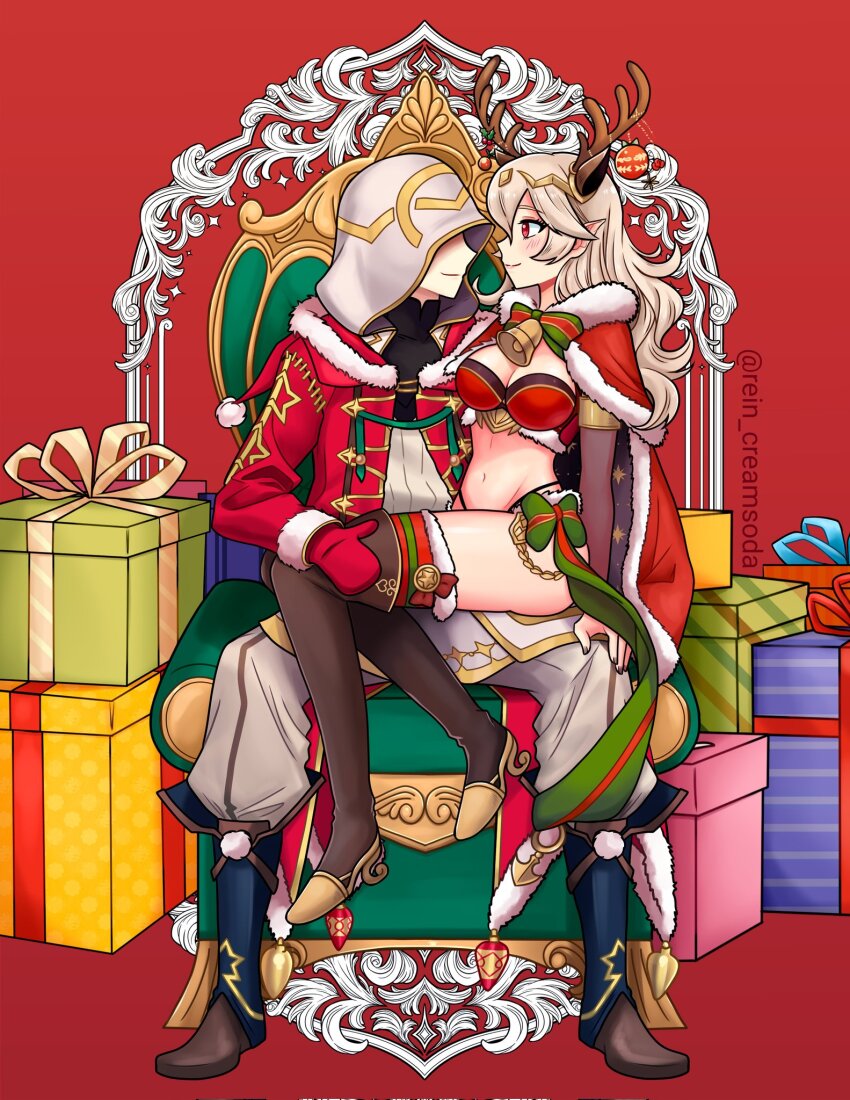 antlers bikini breasts corrin_(female)_(fire_emblem) corrin_(fire_emblem) couple fake_antlers fire_emblem fire_emblem_heroes hetero highres hooded_robe horns kiran_(fire_emblem) male_kiran_(fire_emblem) large_breasts male_robin_(fire_emblem) male_robin_(fire_emblem)_(cosplay) nintendo rein_creamsoda reindeer_antlers robe santa_bikini santa_costume sitting sitting_on_person swimsuit throne