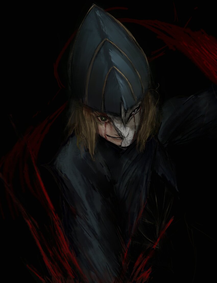 1girl black_background blonde_hair blood broken_mask closed_mouth dark_souls_(series) dark_souls_i evil_smile green_eyes highres looking_at_viewer lord&#039;s_blade_ciaran mask medium_hair red_background satsu-strive smile solo upper_body