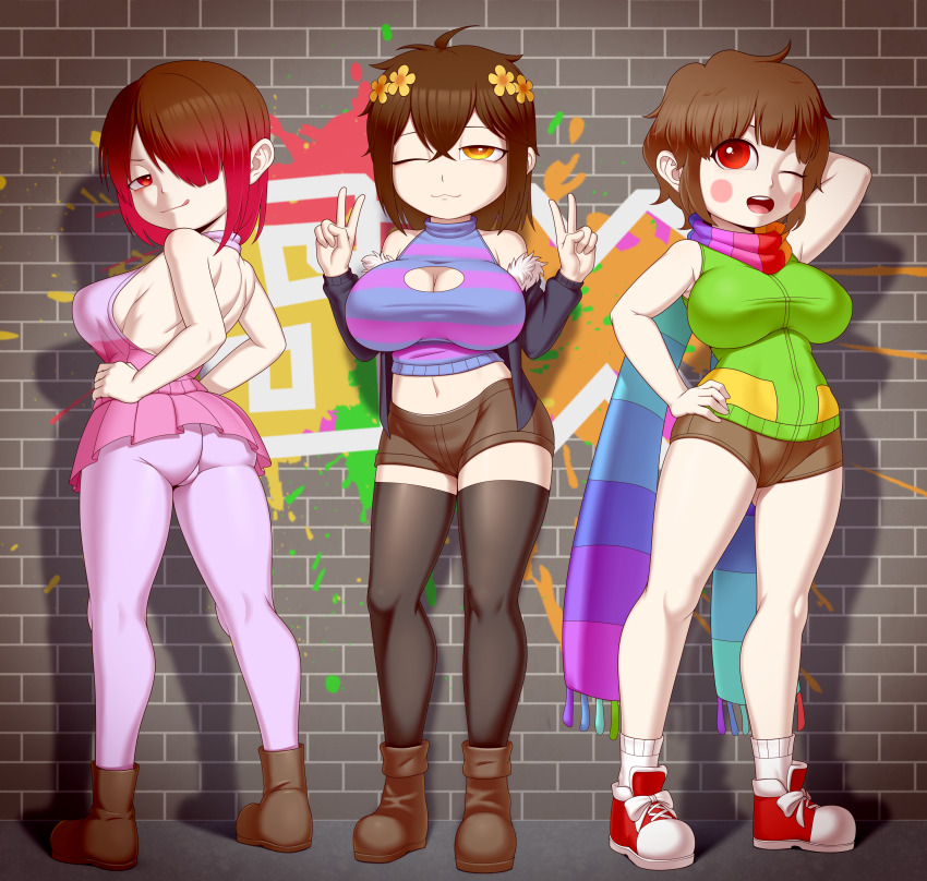 absurdres bete_noire blue_shirt boots breasts brown_hair chara chara_(undertale) child frisk_(undertale) glitchtale green_shirt highres large_breasts pink_hair pink_shirt purple_shirt purple_skirt purple_socks rainven red_eyes red_hair shirt shoes short_hair skirt socks undertale