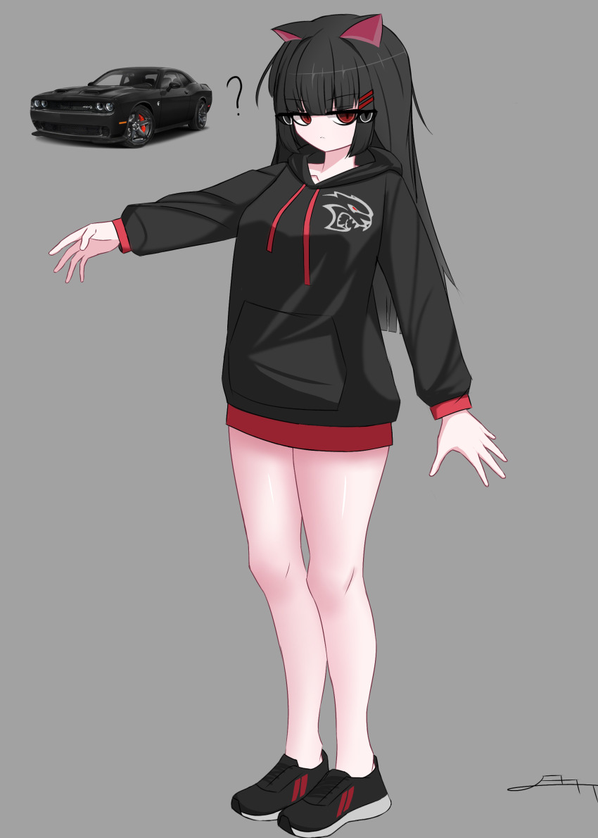 1girl ? absurdres animal_ears black_car black_footwear black_hair black_hoodie bottomless car cat_ears commentary dodge_(company) dodge_challenger dodge_challenger_(3rd_generation) elll english_commentary eye_hair_ornament full_body grey_background hair_ornament hairclip highres hood hood_down hoodie long_hair looking_at_viewer motor_vehicle muscle_car original personification red_eyes shadow shoes signature simple_background sneakers vehicle_and_personification