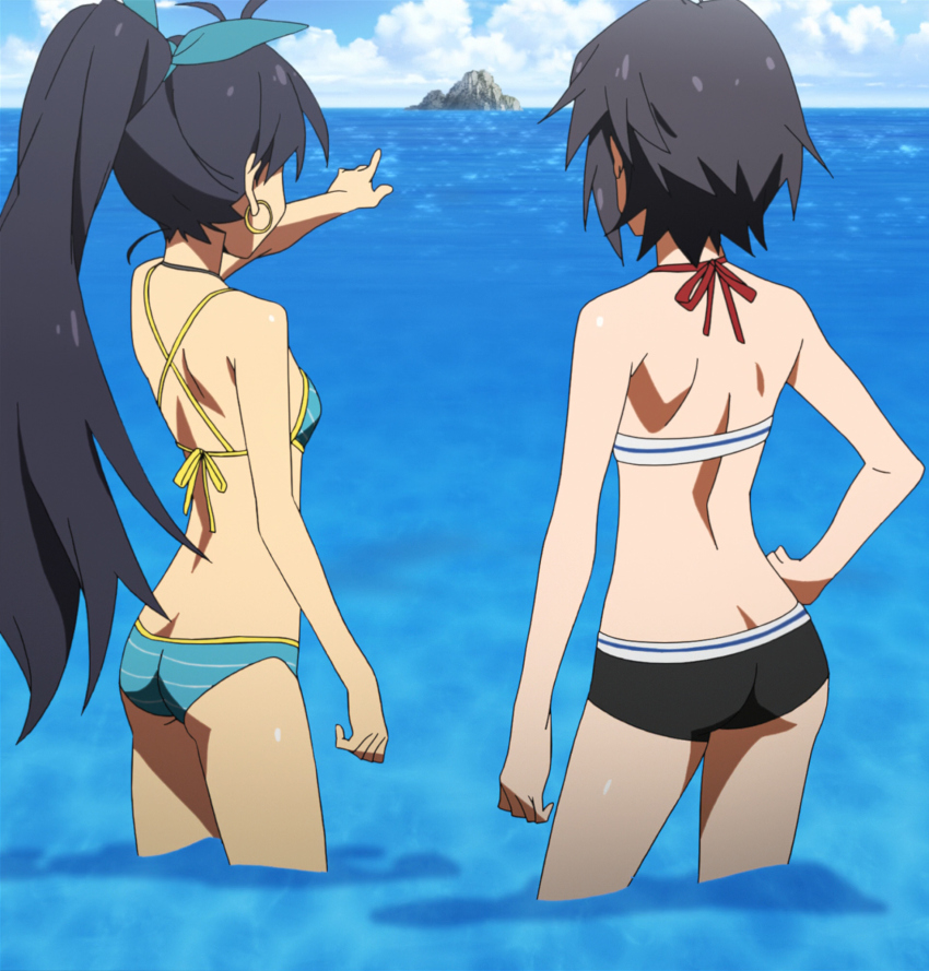 2girls ahoge anime_screenshot aqua_bikini aqua_eyes arm_at_side armpits ass back back-tie_bikini barefoot bikini bikini_shorts black_bikini black_hair bow breasts butt_crack clenched_hand collarbone day earrings facing_away fanservice female_focus fingernails friends from_behind ganaha_hibiki hair_bow hair_ornament hair_ribbon hand_on_own_hip high_ponytail highres hoop_earrings idolmaster idolmaster_(classic) index_finger_raised jewelry kikuchi_makoto legs long_hair medium_breasts medium_hair midriff multicolored_bikini multiple_girls namco nature neck ocean official_alternate_costume outdoors partially_submerged pointing ponytail purple_eyes ribbon shiny_skin shorts shoulder_blades sideboob sidelocks sky stitched striped_bikini_top summer swimsuit thighs third-party_edit tomboy two-tone_bikini very_long_hair water