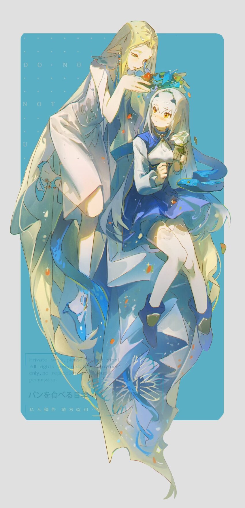2girls absurdly_long_hair absurdres aurora_(fate) blonde_hair blue_background blue_boots blue_capelet blue_shoes blue_skirt boots border capelet collared_capelet dress dressing_another eyelashes fate/grand_order fate_(series) flower frilled_capelet frills full_body grey_border grey_hair hair_between_eyes hair_intakes happy head_wreath high-waist_skirt high_heels highres holding holding_flower holding_wreath knees leg_up long_hair long_sleeves looking_at_another medium_dress melusine_(fate) melusine_(second_ascension)_(fate) miniskirt multiple_girls outside_border parted_lips petals pleated_skirt pointy_ears rose sample_watermark sanyang003 shirt shoes sidelocks skirt snake socks sparkle straight_hair train_(clothing) twitter_username very_long_hair watermark weibo_username white_dress white_flower white_rose white_shirt white_socks yellow_eyes