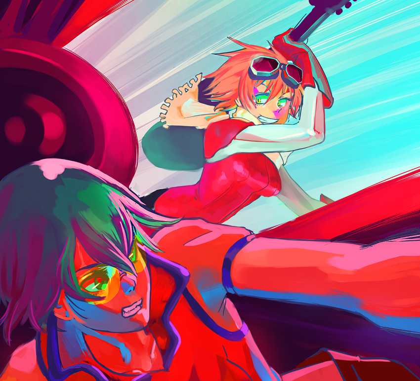 00s 2girls car colorful crossover flcl goggles green-tinted_eyewear guitar haruhara_haruko highres instrument motion_lines motor_vehicle multiple_girls non-web_source pink_hair race_vehicle racecar redline scarf short_hair smile sonoshee_mclaren speed_lines sunglasses tiagoom tinted_eyewear visor